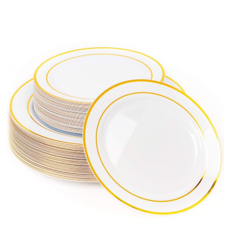MATANA 60 Reusable or Disposable Plastic Plates Gold with White Gold Rim - 30 Dinner Plates 10.25", 30 Salad Dessert Appetizer Plates 7.5", Heavy Duty, Elegant, Premium for Parties, Wedding & Events - Image 1